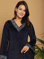 Navy Blue Solid Velvet Winter Night Suit