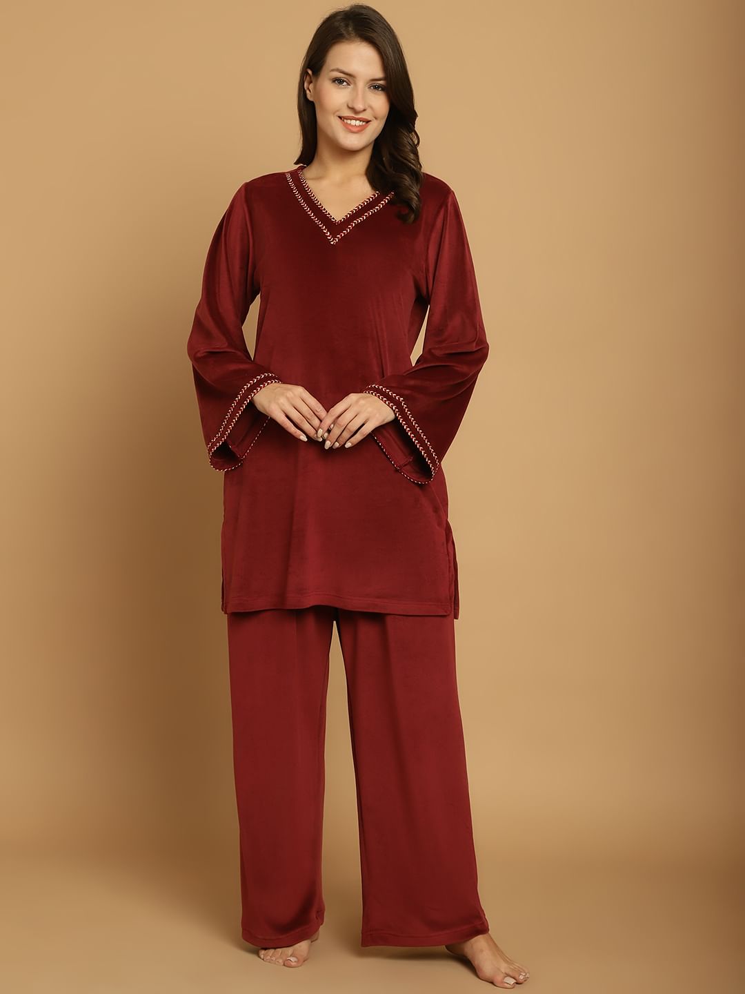 Maroon Solid Velvet Winter Night Suit