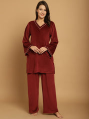 Maroon Solid Velvet Winter Night Suit