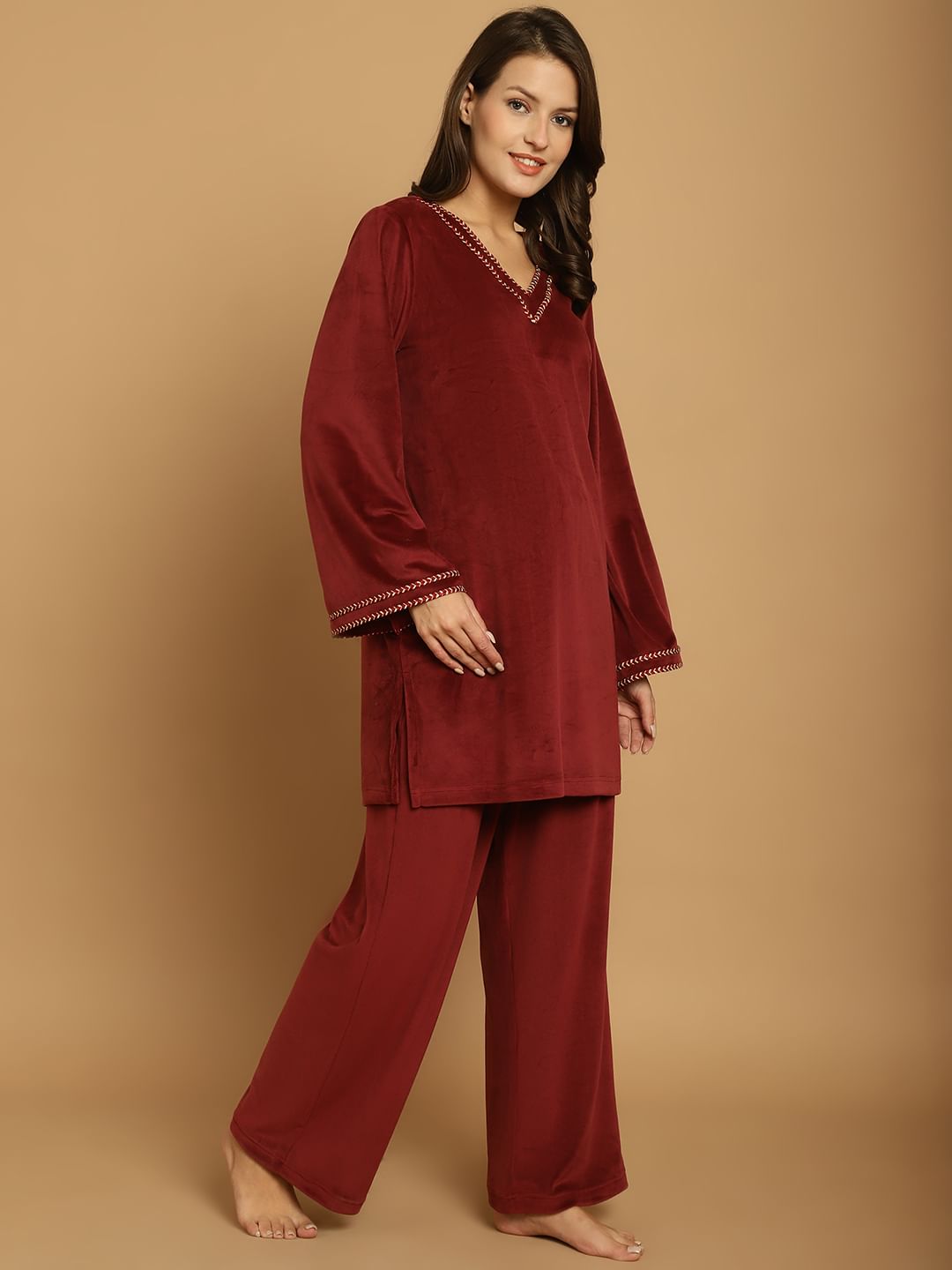 Maroon Solid Velvet Winter Night Suit