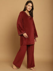 Maroon Solid Velvet Winter Night Suit