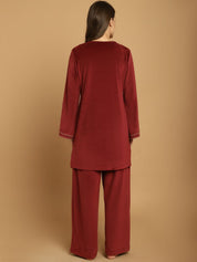Maroon Solid Velvet Winter Night Suit