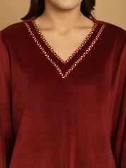 Maroon Solid Velvet Winter Night Suit
