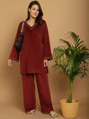 Maroon Solid Velvet Winter Night Suit