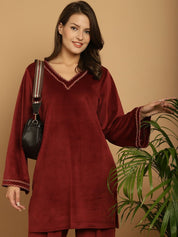 Maroon Solid Velvet Winter Night Suit