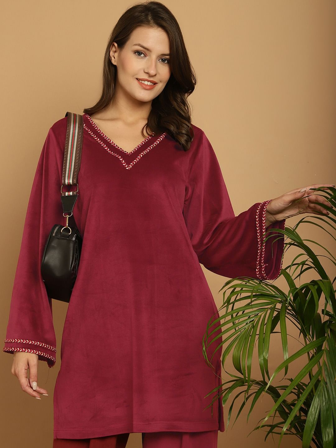 Maroon Solid Velvet Night Suit