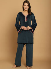 Turquoise Solid Velvet Winter Night Suit