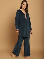 Turquoise Solid Velvet Winter Night Suit