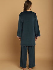 Turquoise Solid Velvet Winter Night Suit