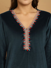 Turquoise Solid Velvet Winter Night Suit