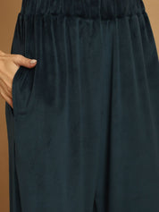 Turquoise Solid Velvet Winter Night Suit