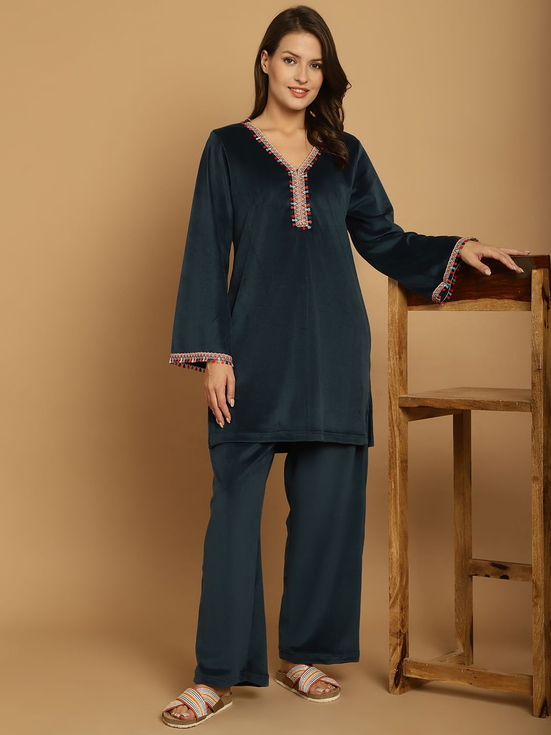 Turquoise Solid Velvet Winter Night Suit
