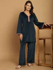 Turquoise Solid Velvet Winter Night Suit