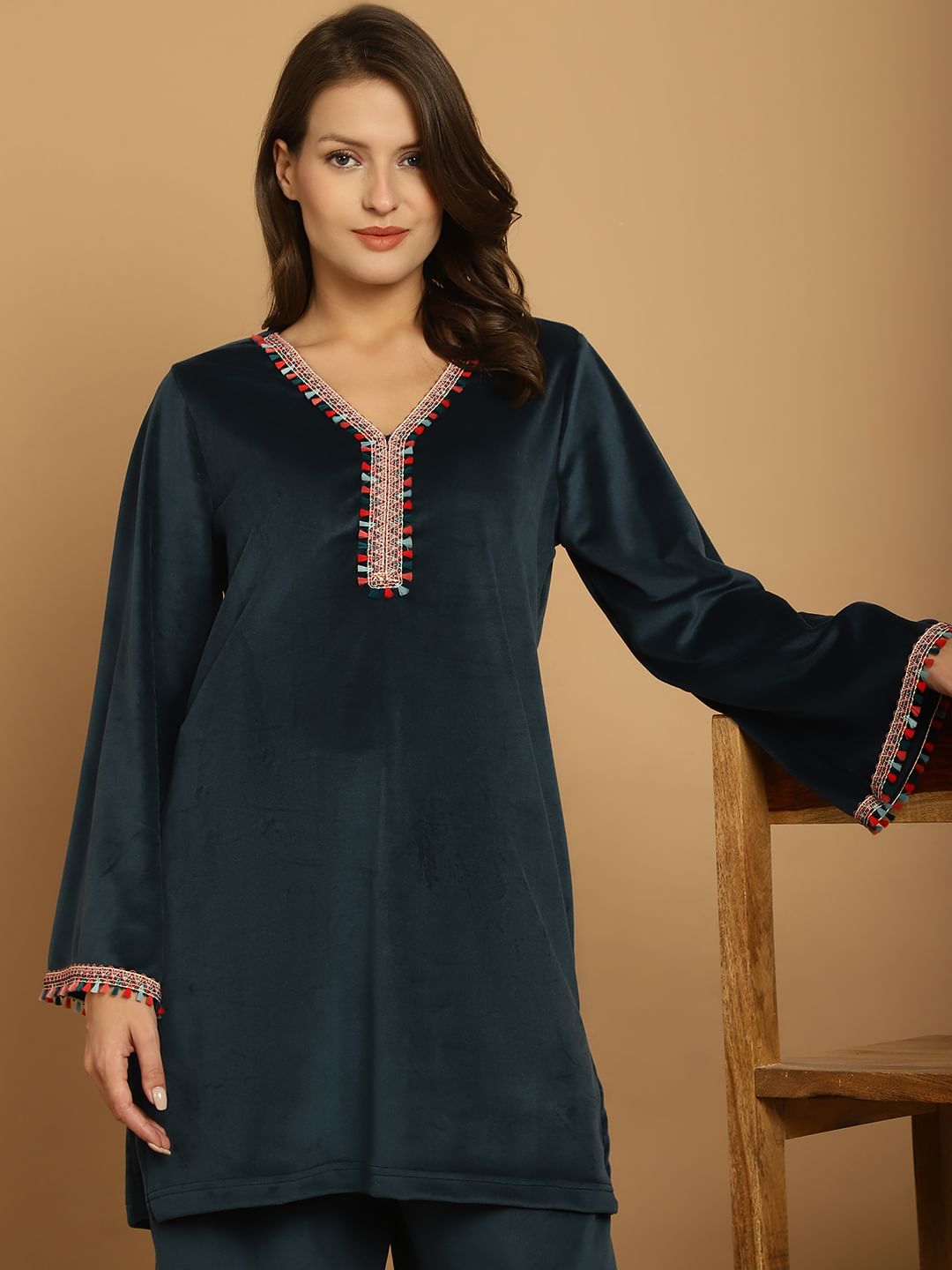 Turquoise Solid Velvet Winter Night Suit