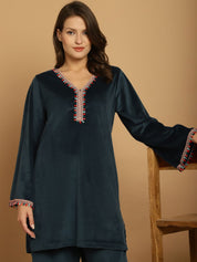 Turquoise Solid Velvet Winter Night Suit