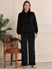 Black Solid Velour Woolen Night Suit