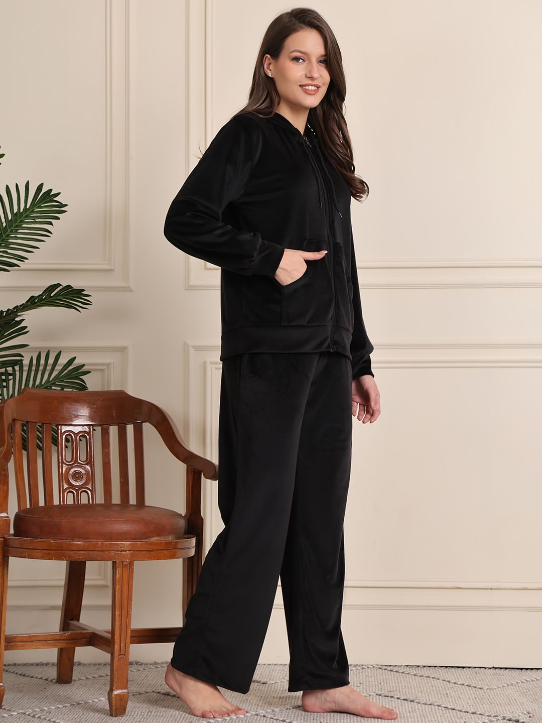 Black Solid Velour Woolen Night Suit