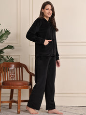 Black Solid Velour Woolen Night Suit