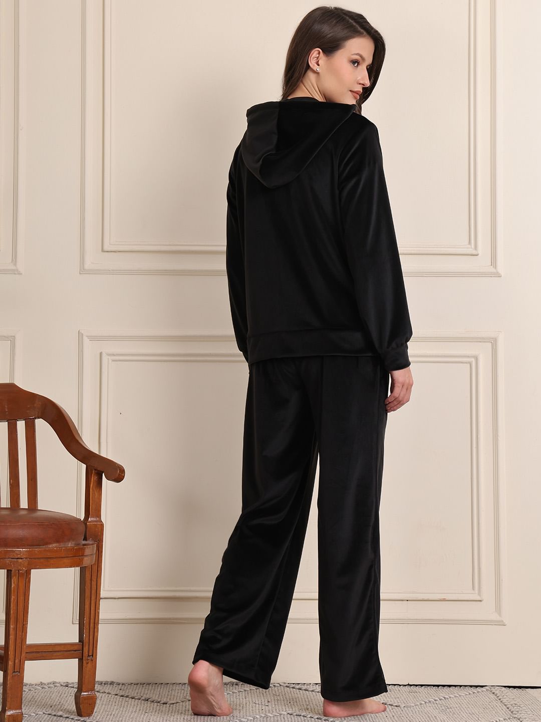 Black Solid Velour Woolen Night Suit