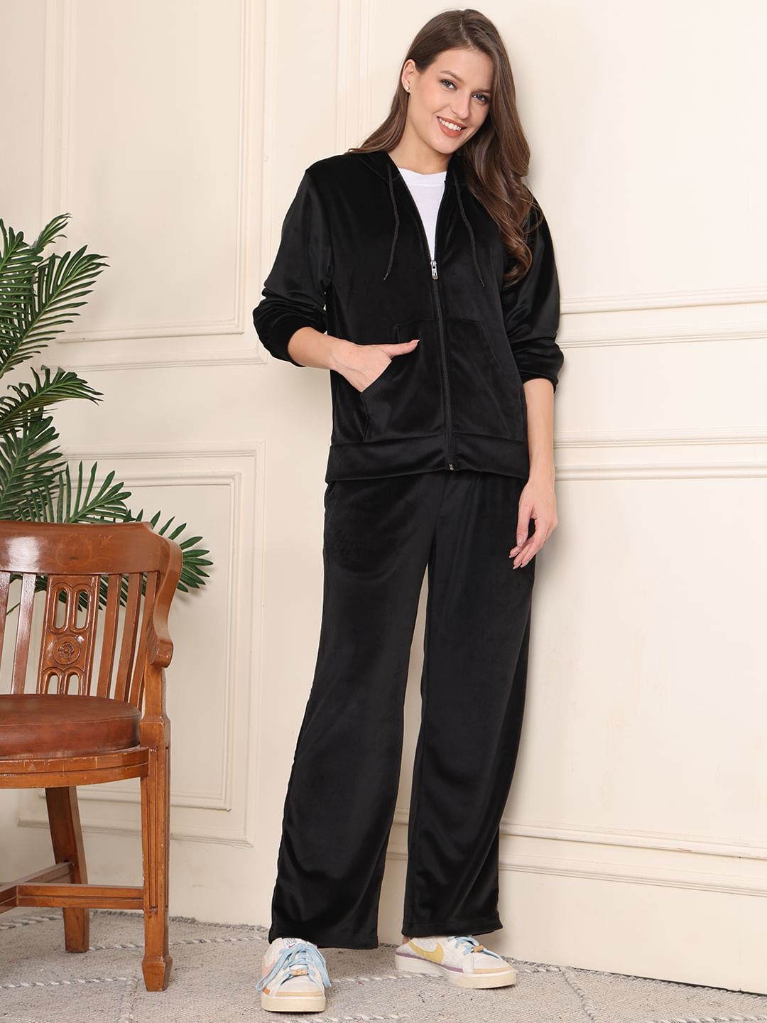 Black Solid Velour Woolen Night Suit