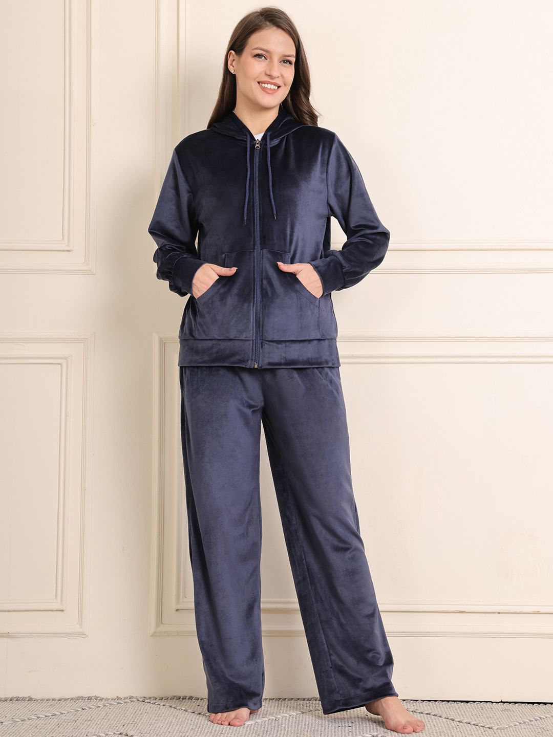 Navy Blue Solid Velour Woolen Night Suit