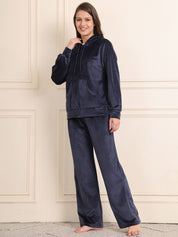 Navy Blue Solid Velour Woolen Night Suit
