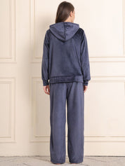 Navy Blue Solid Velour Woolen Night Suit