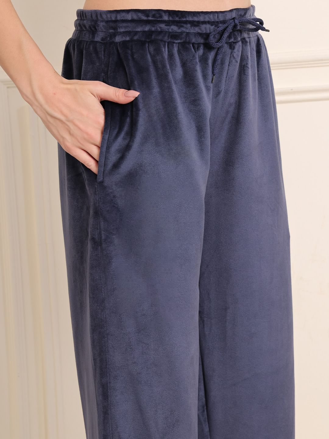 Navy Blue Solid Velour Woolen Night Suit