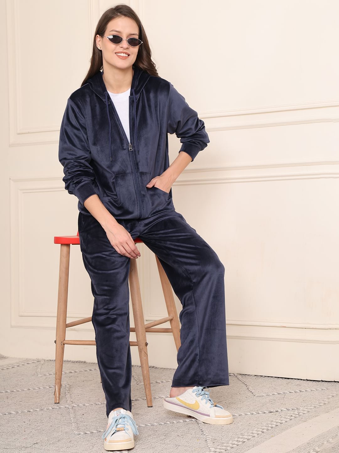 Navy Blue Solid Velour Woolen Night Suit