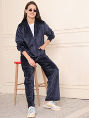 Navy Blue Solid Velour Woolen Night Suit