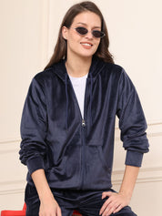 Navy Blue Solid Velour Woolen Night Suit