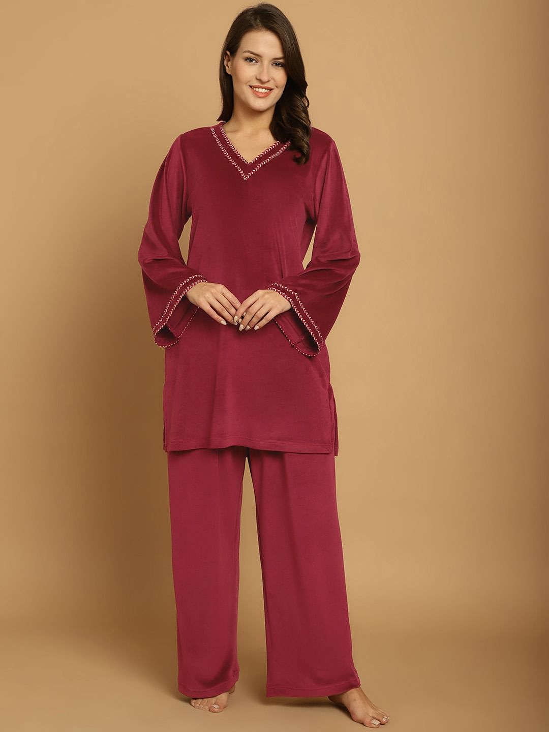 Maroon Solid Velvet Night Suit