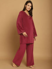 Maroon Solid Velvet Night Suit