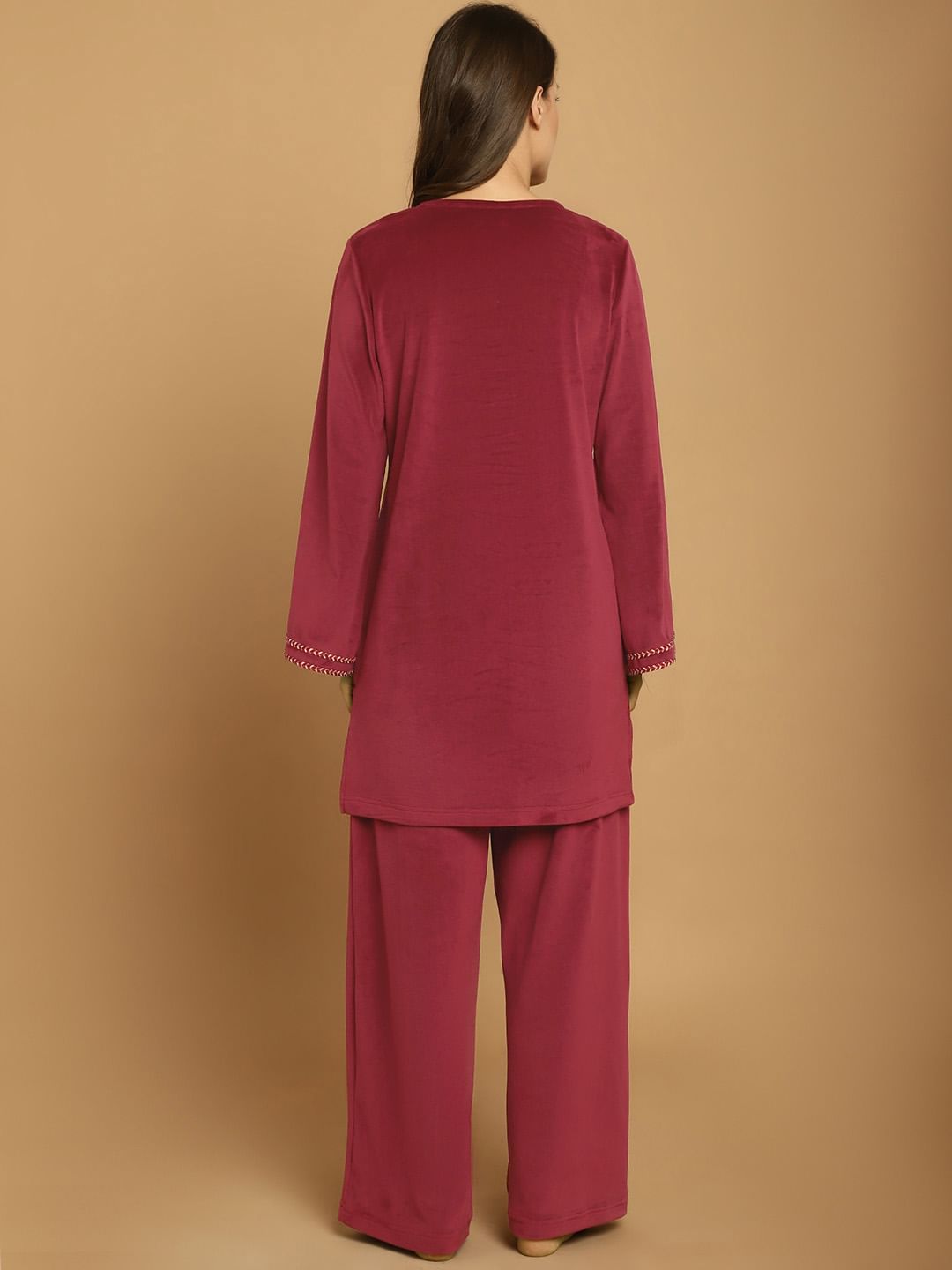Maroon Solid Velvet Night Suit