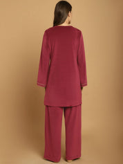 Maroon Solid Velvet Night Suit