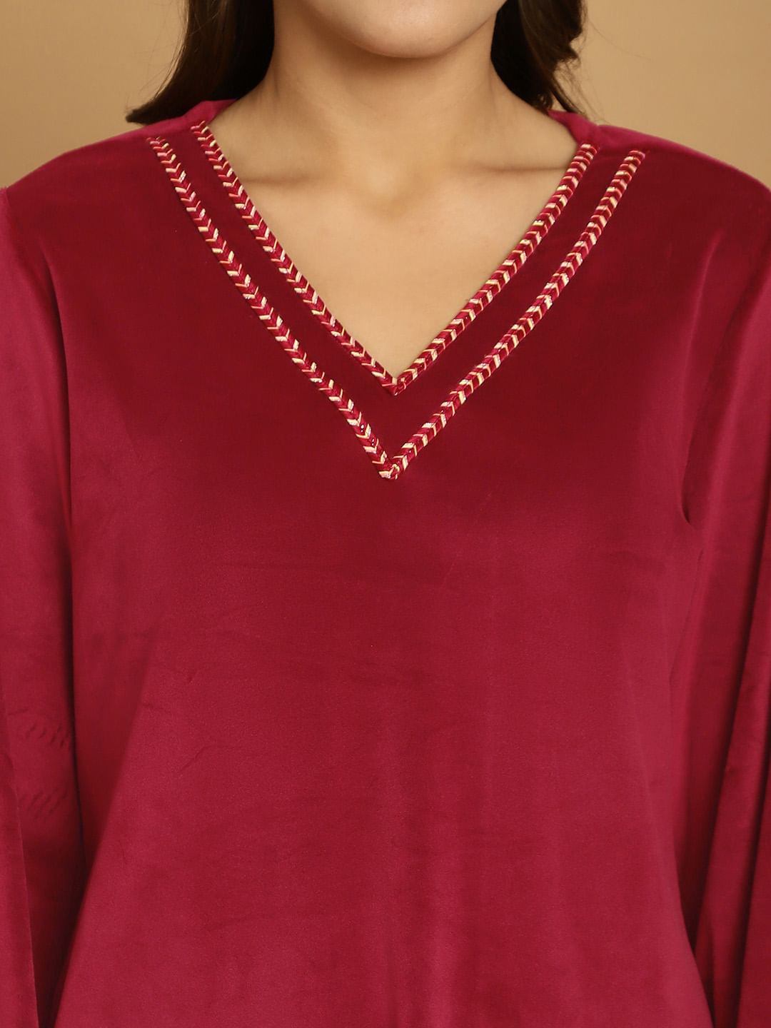Maroon Solid Velvet Night Suit
