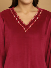 Maroon Solid Velvet Night Suit