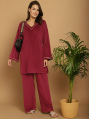 Maroon Solid Velvet Night Suit
