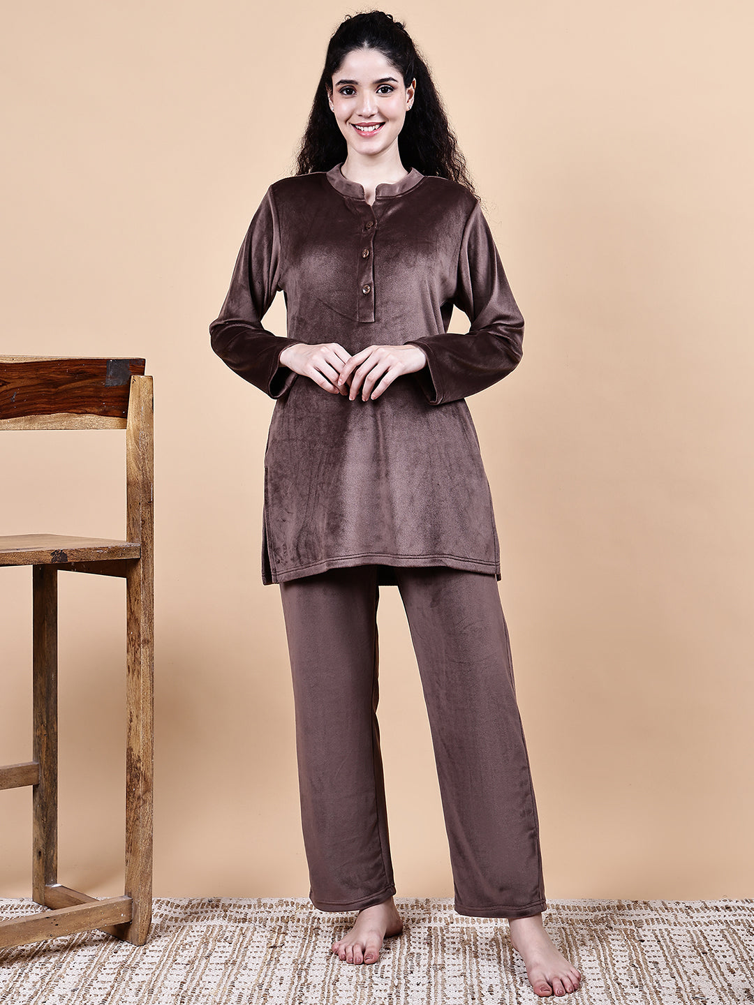 Brown Solid Velvet Winter Night Suit