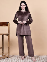 Brown Solid Velvet Winter Night Suit