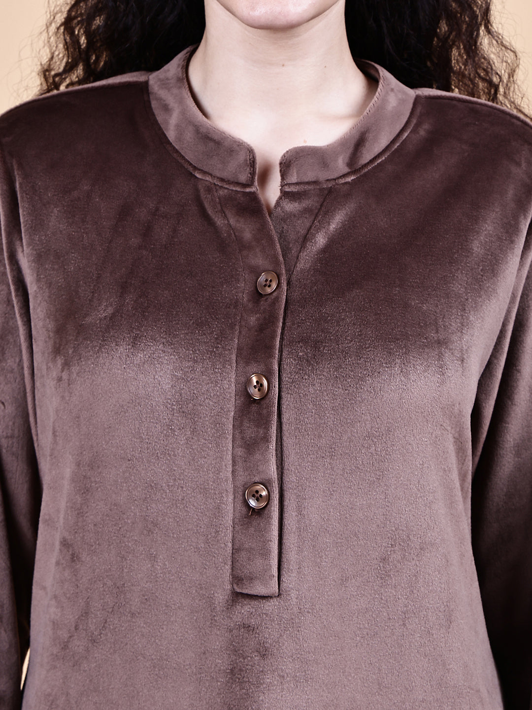 Brown Solid Velvet Winter Night Suit