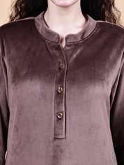 Brown Solid Velvet Winter Night Suit