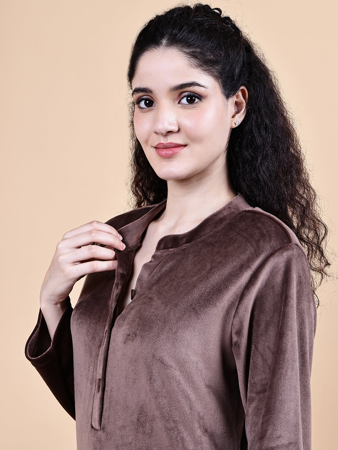 Brown Solid Velvet Winter Night Suit