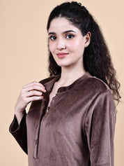 Brown Solid Velvet Winter Night Suit