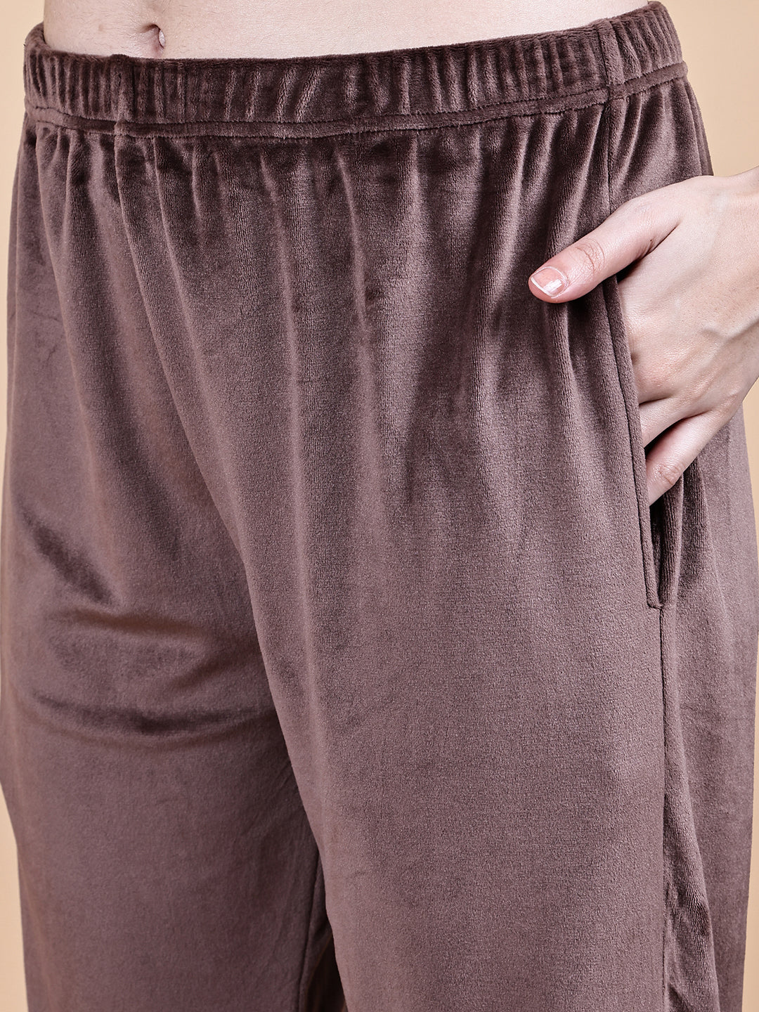 Brown Solid Velvet Winter Night Suit