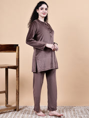 Brown Solid Velvet Winter Night Suit