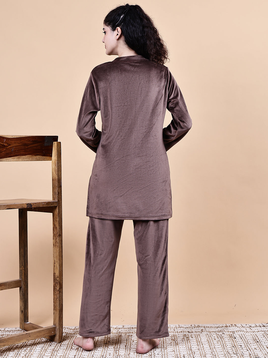 Brown Solid Velvet Winter Night Suit