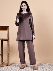 Brown Solid Velvet Winter Night Suit