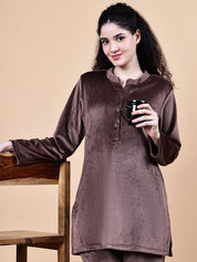 Brown Solid Velvet Winter Night Suit