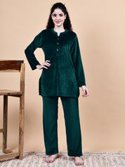 Bottle Green Solid Velvet Winter Night Suit